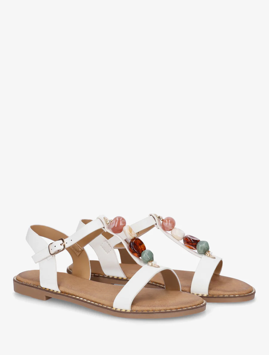 Platte sandalen van imitatieleer met gekleurde stenen - Wit - Image 4