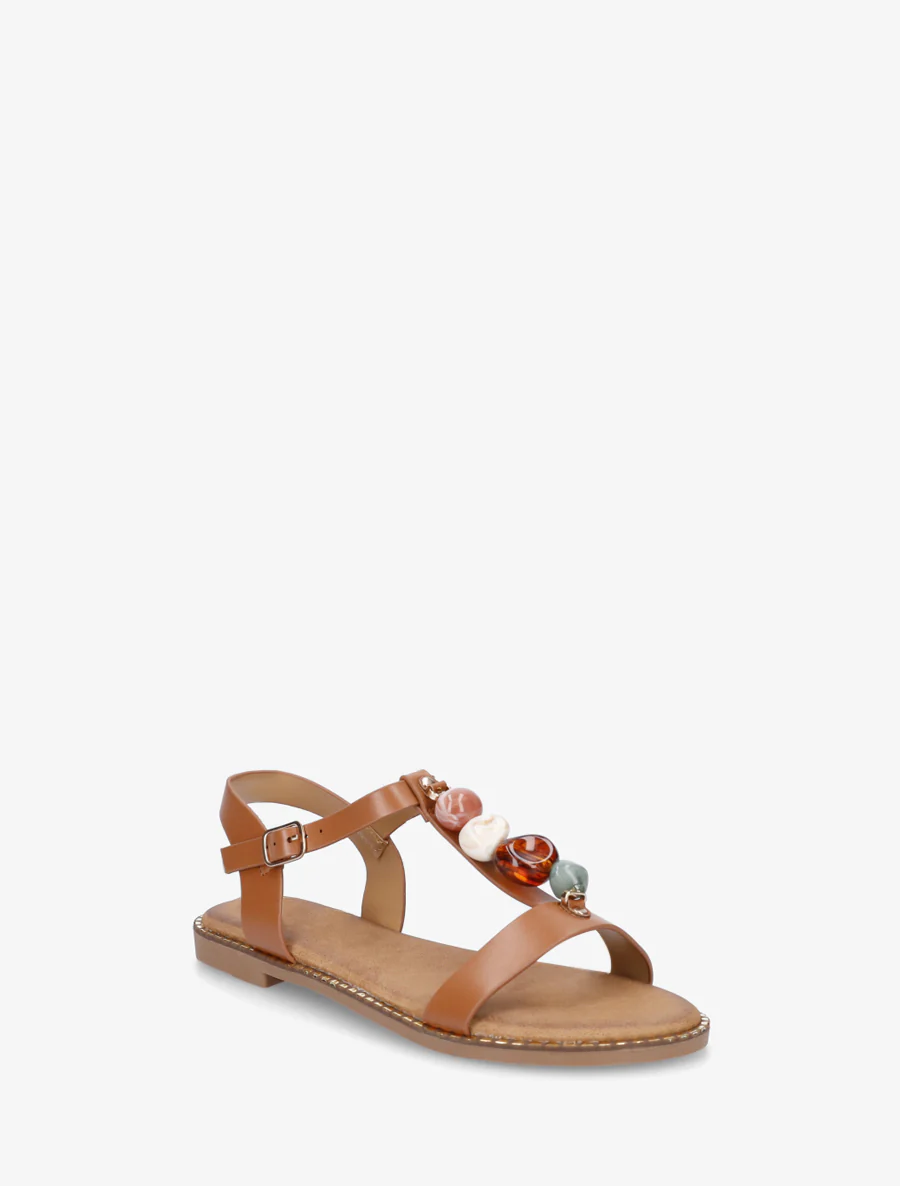 Platte sandalen van imitatieleer met gekleurde stenen - Kameel - Image 2