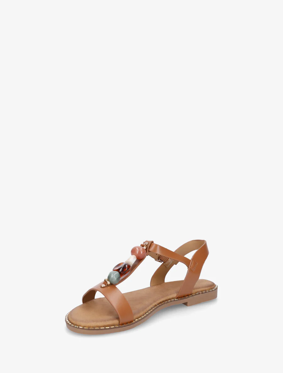 Platte sandalen van imitatieleer met gekleurde stenen - Kameel - Image 3