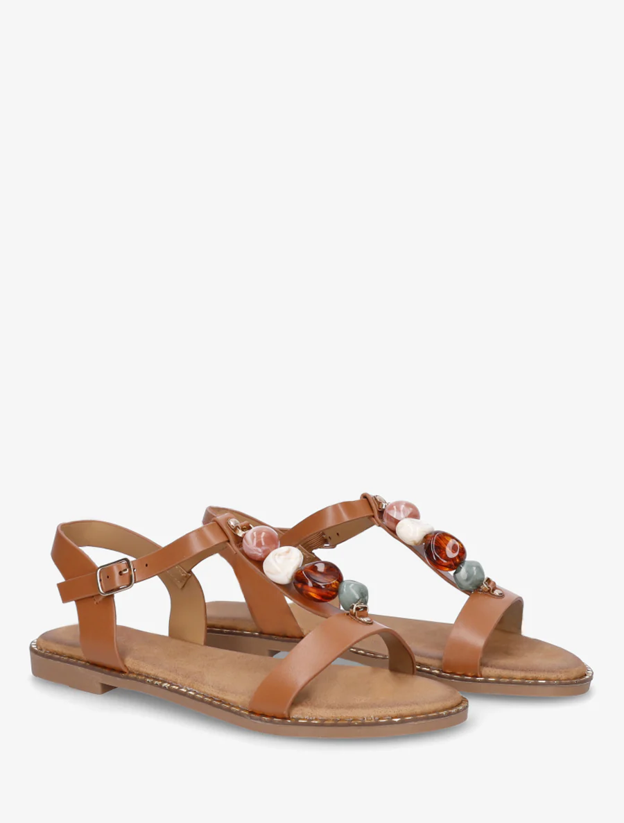 Platte sandalen van imitatieleer met gekleurde stenen - Kameel - Image 4