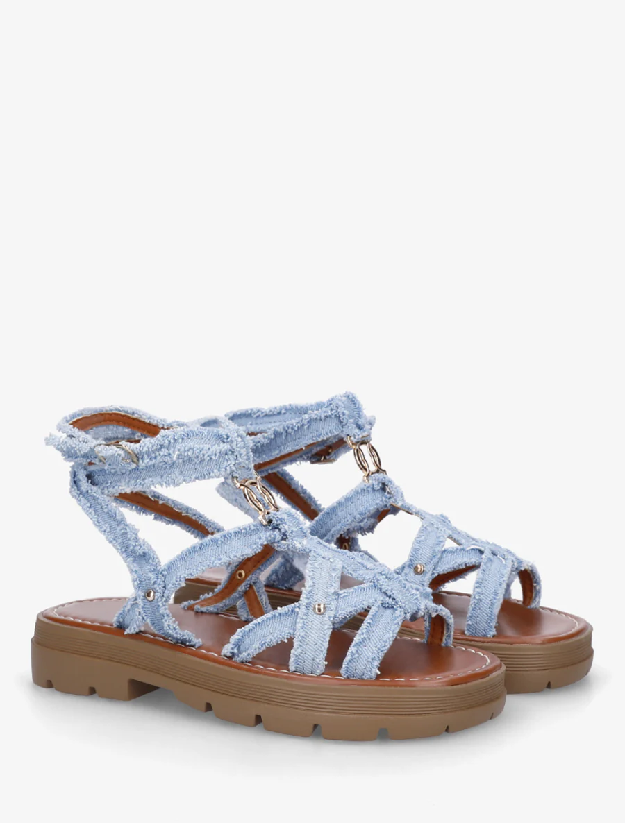 Platte sandalen van stof met gekruiste bandjes - Blauwe denim - Image 4