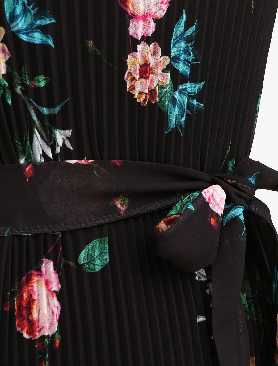 Geplooide jurk met wilde rozenprint - Zwart - Image 3