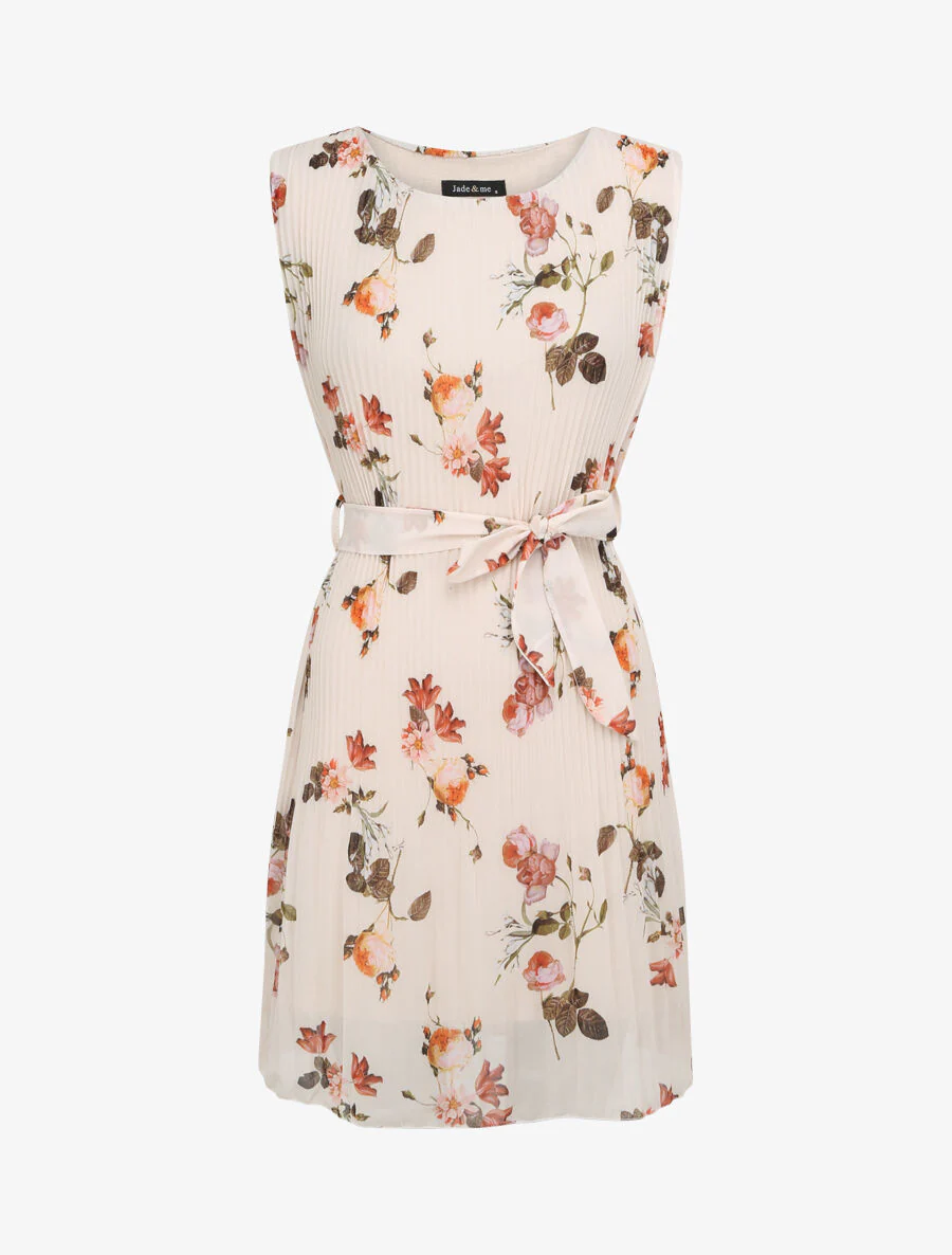 Geplooide jurk met wilde rozenprint - Beige