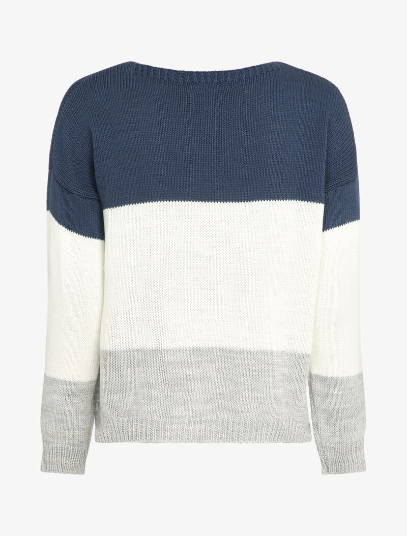 Basis driekleurige trui met boothals - Blauw/wit/grijs - Image 2