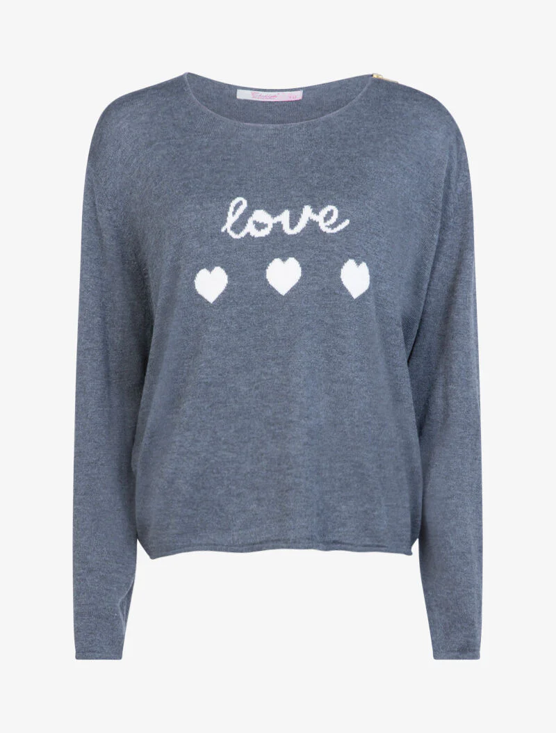 Losse trui met hartjes en love print - donkergrijs