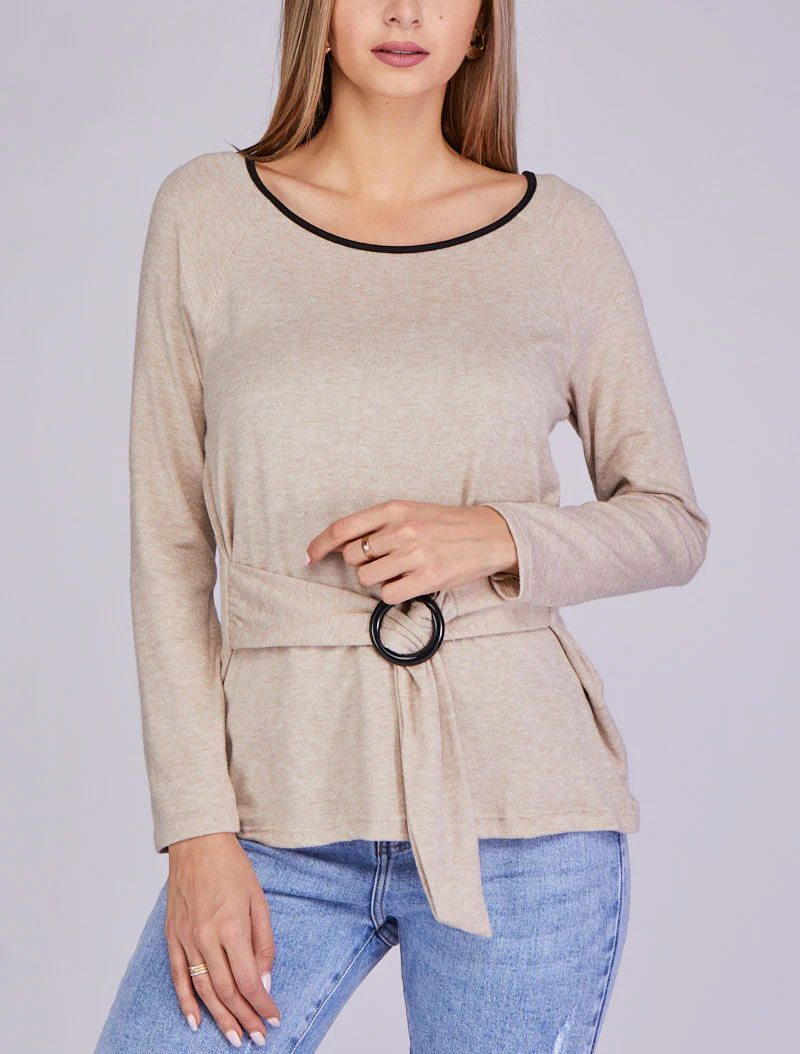 Pull stretch uni met gestileerde riem - Beige