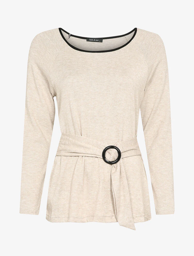 Pull stretch uni met gestileerde riem - Beige - Image 2