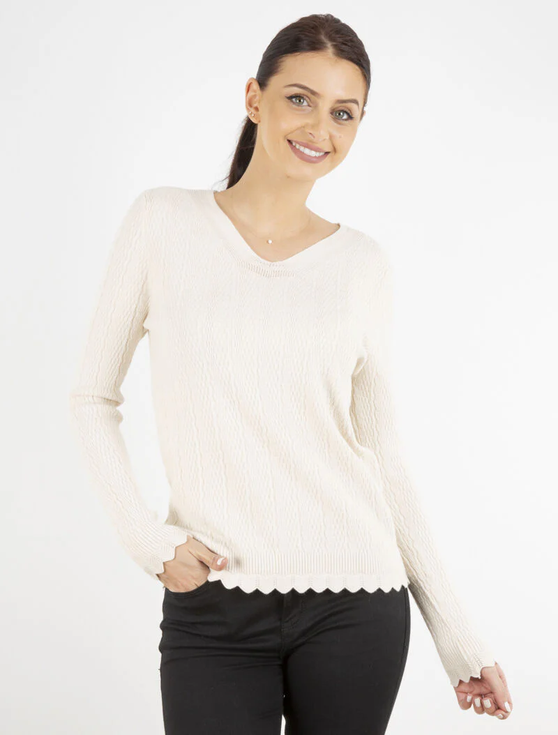 Getextureerde trui met golvende randen - beige