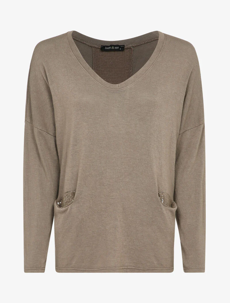 Vloeiende trui met zakken en rug met pailletten detail - Taupe