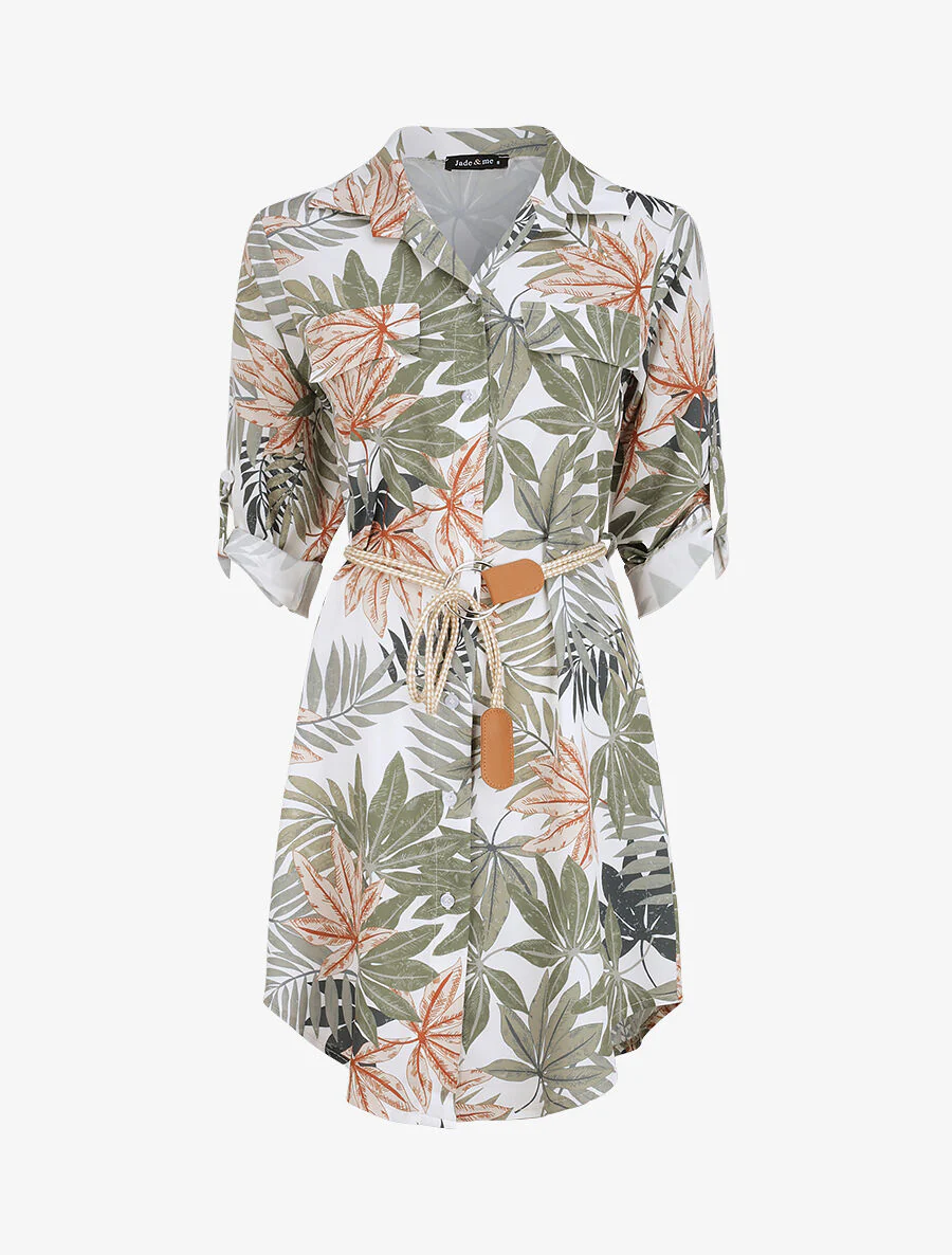 Recht shirtjurk met tropisch print - Wit