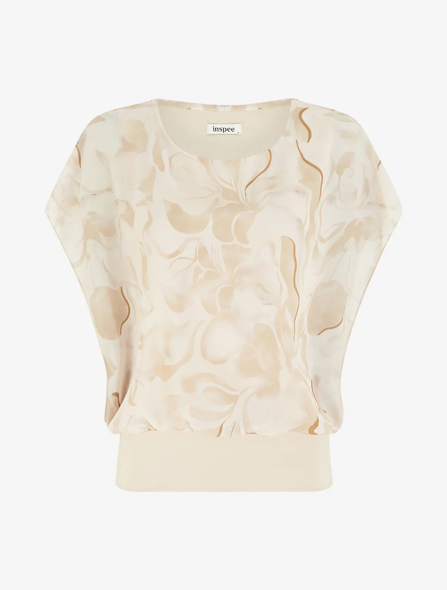 Rechtboven top met korte mouwen en bloemenprint - Beige