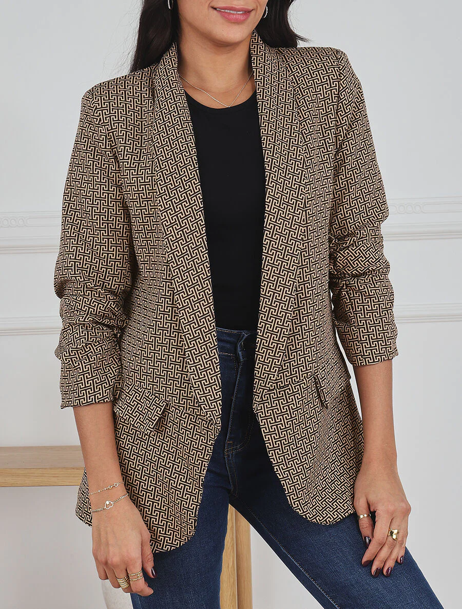 Rechte blazer met grafische print en 3/4 mouwen met ruches - Kameel - Image 4