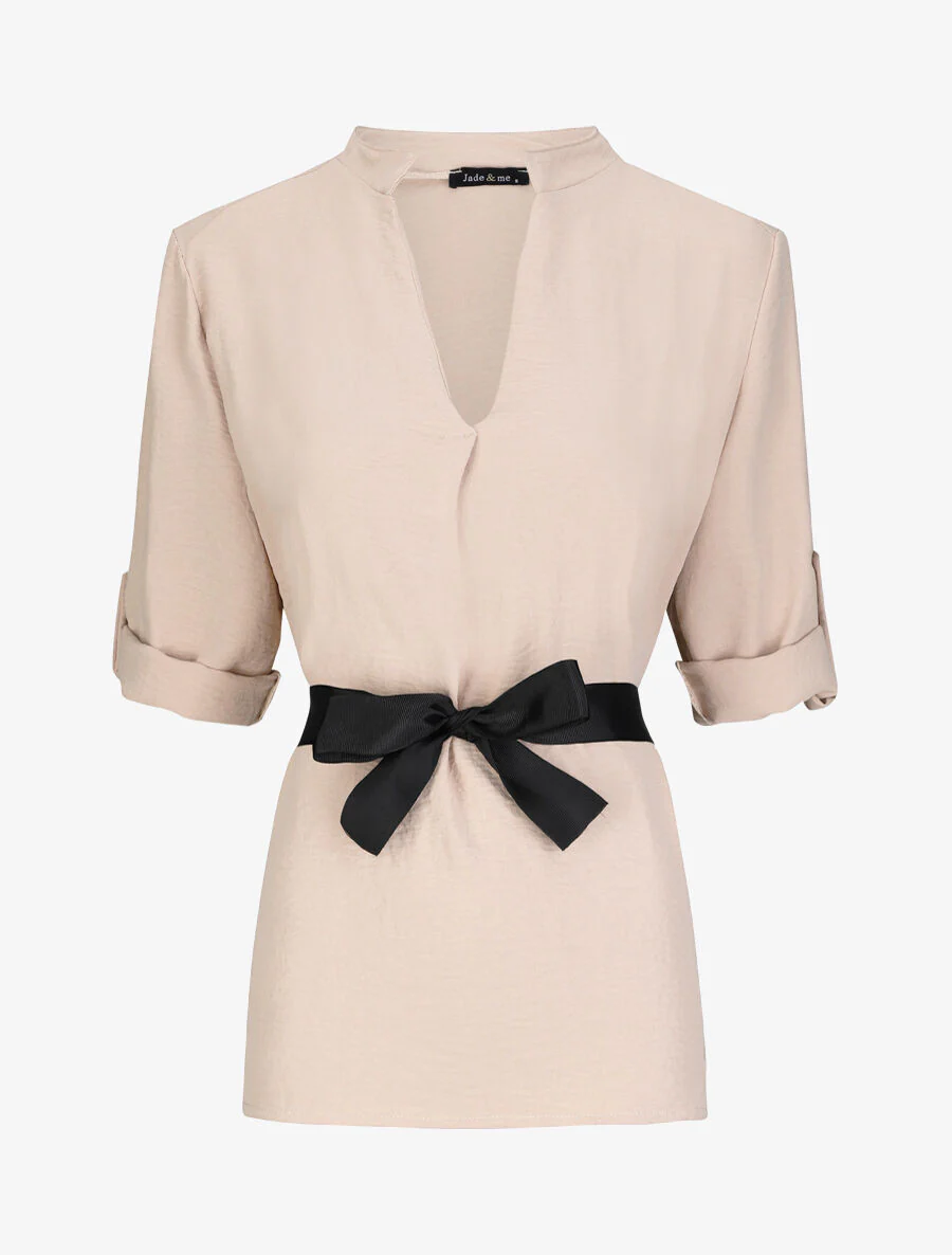 Rechte effen blouse met 3/4 mouwen - Beige