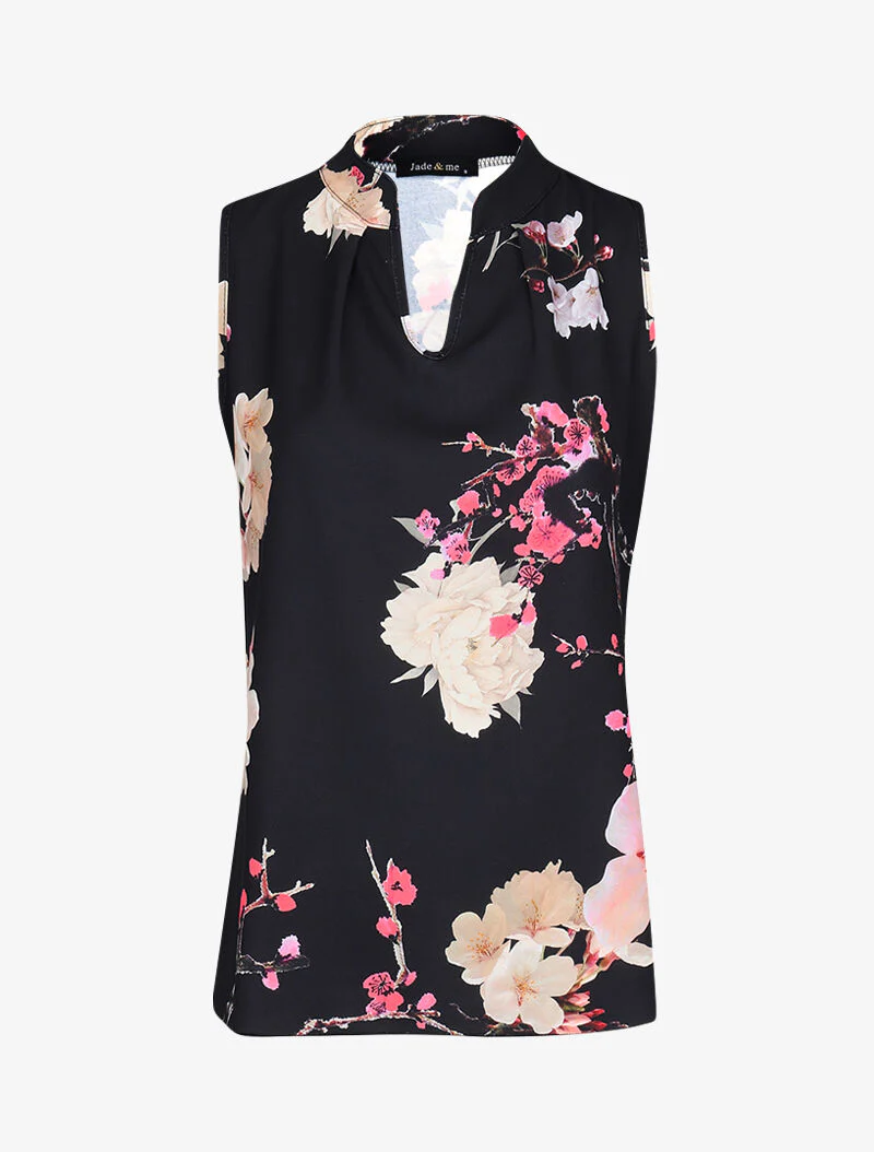 Rechte blouse met kersenbloesemprint - zwart