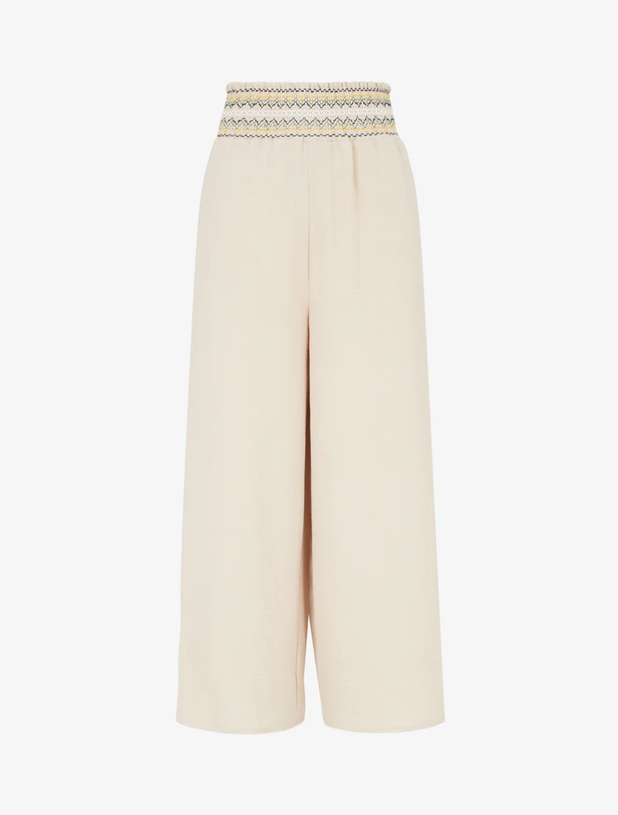 Rechte broek met elastische hoge taille - Beige