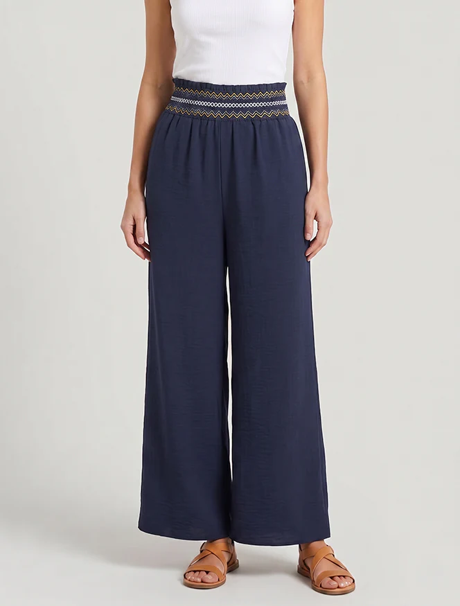 Rechte broek met elastische hoge taille - Marine - Image 4