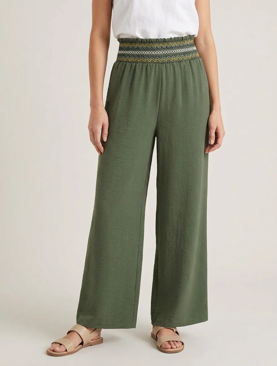 Rechte broek met elastische hoge taille - Kaki - Image 4