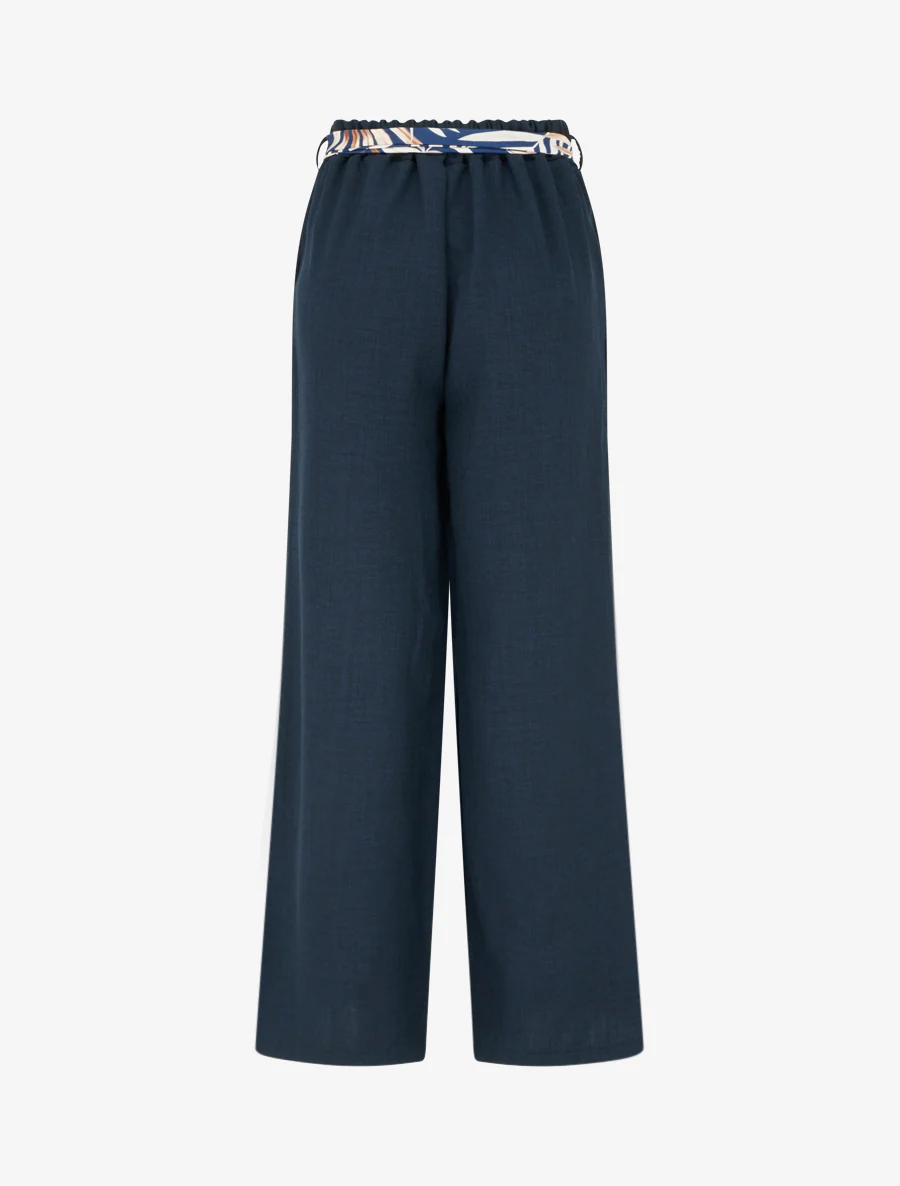 Rechte broek met linnen effect en ceintuur - Marine - Image 2