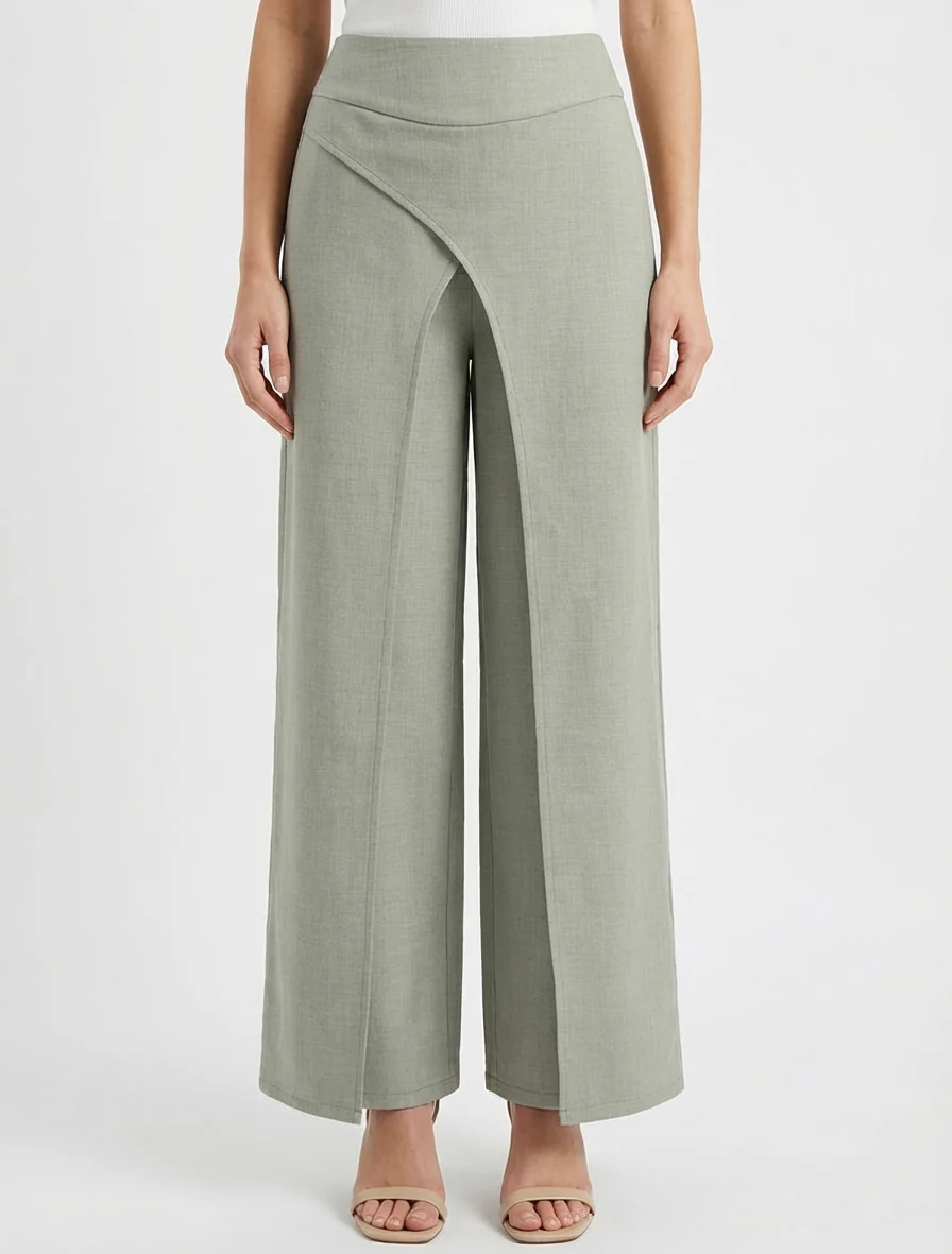 Rechte broek met linnen effect en dubbele panelen - Kaki - Image 4