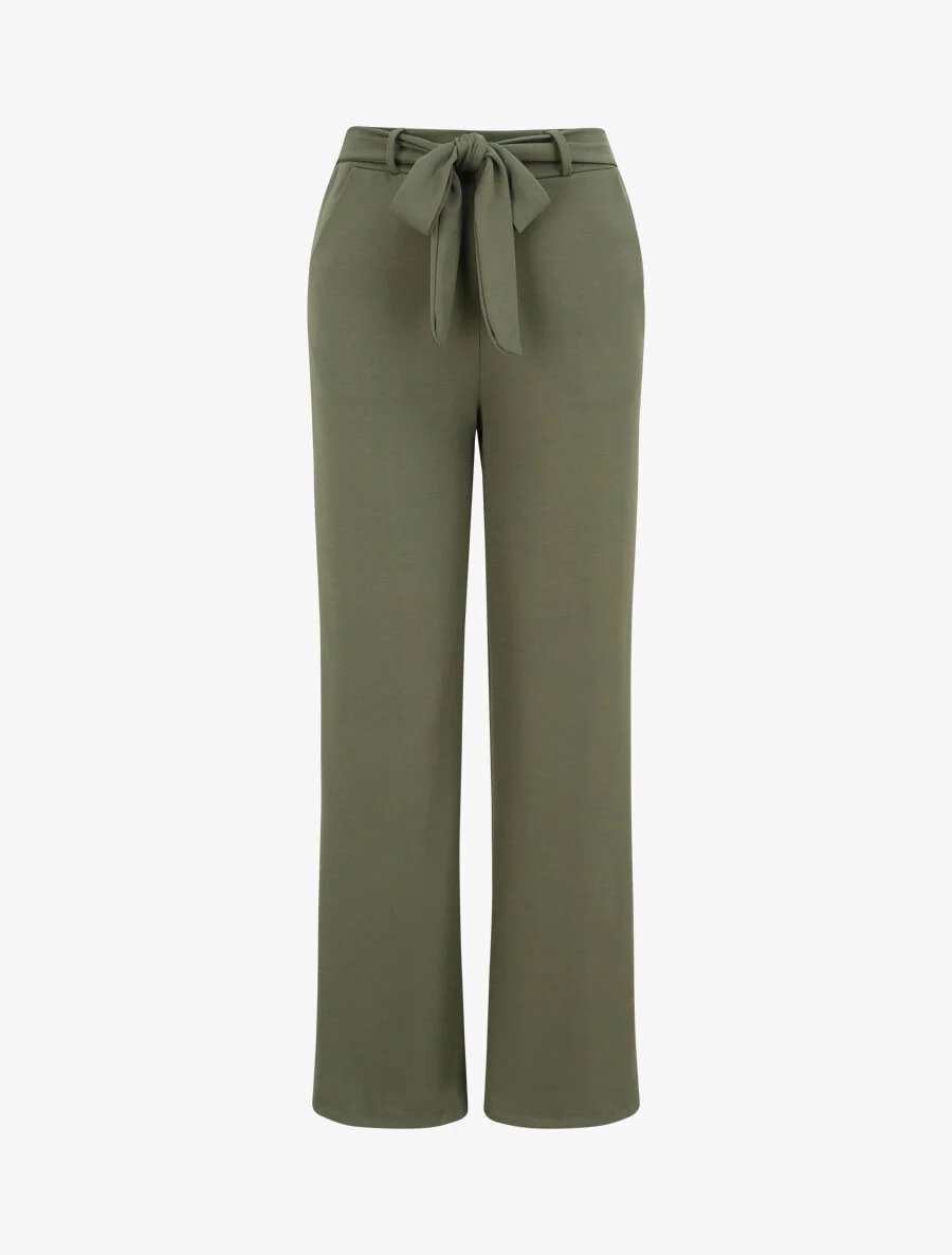 Rechte wijde effen broek met hoge taille - Kakigroen