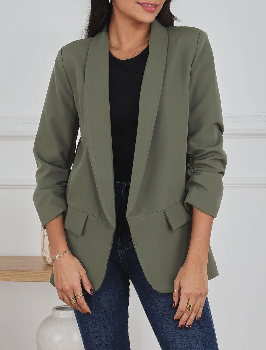 Rechte effen blazer met 3/4 mouwen geplooid - Khaki - Image 4