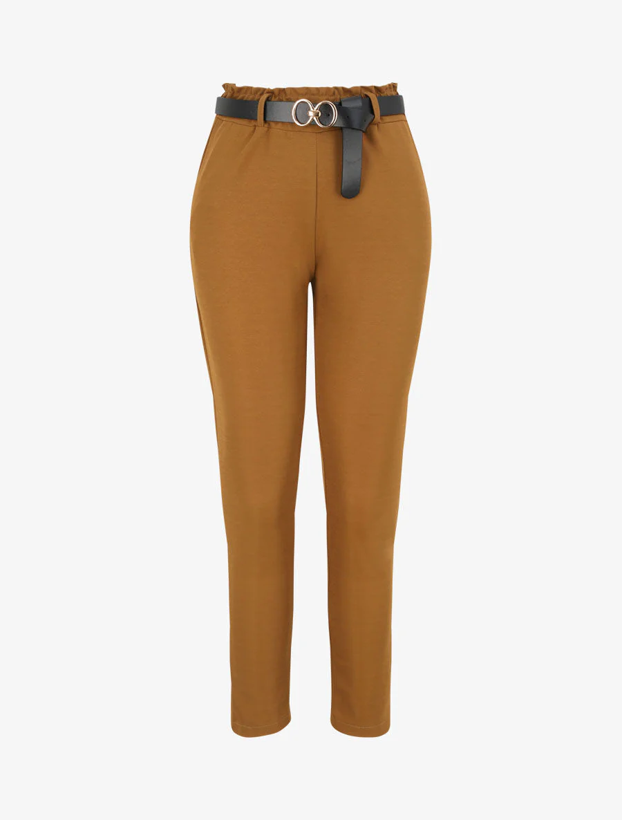 Rechte effen hoge taille gerimpelde broek - Kameel