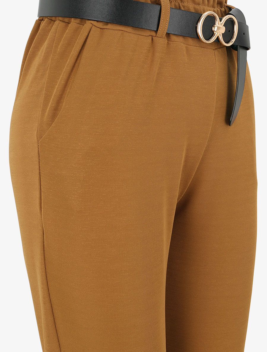 Rechte effen hoge taille gerimpelde broek - Kameel - Image 3