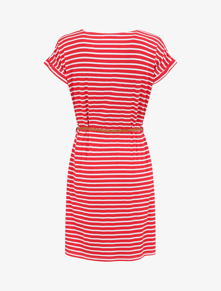 Rechte gestreepte korte jurk met korte mouwen - Rood - Image 2