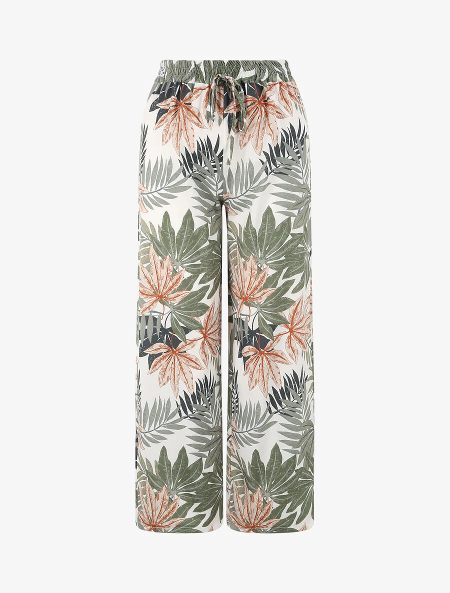 Rechte hoge taille tropische afgedrukte broek - Wit