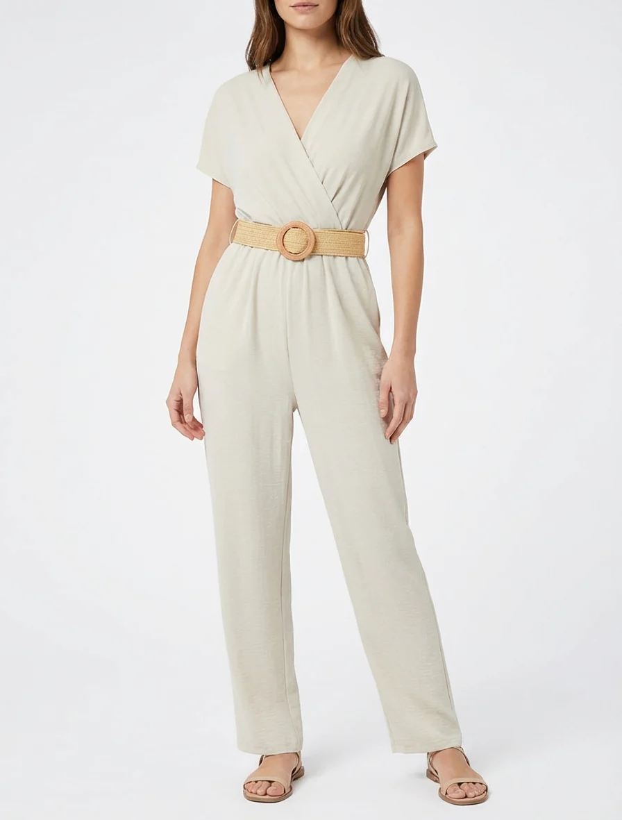 Rechte jumpsuit met korte mouwen - Beige - Image 4