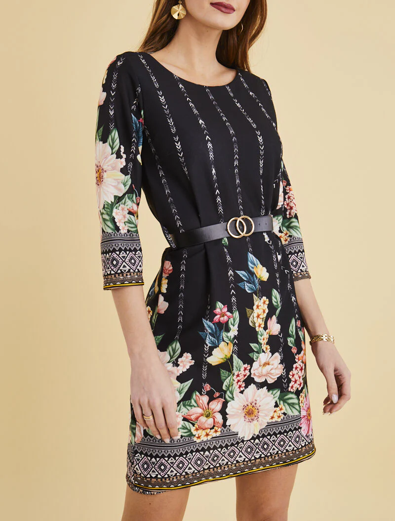 Rechte jurk met diverse prints - zwart