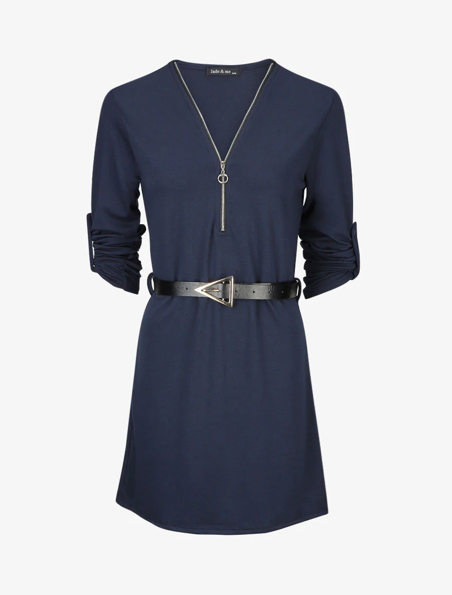 Rechte jurk met gestileerde riem - Marineblauw