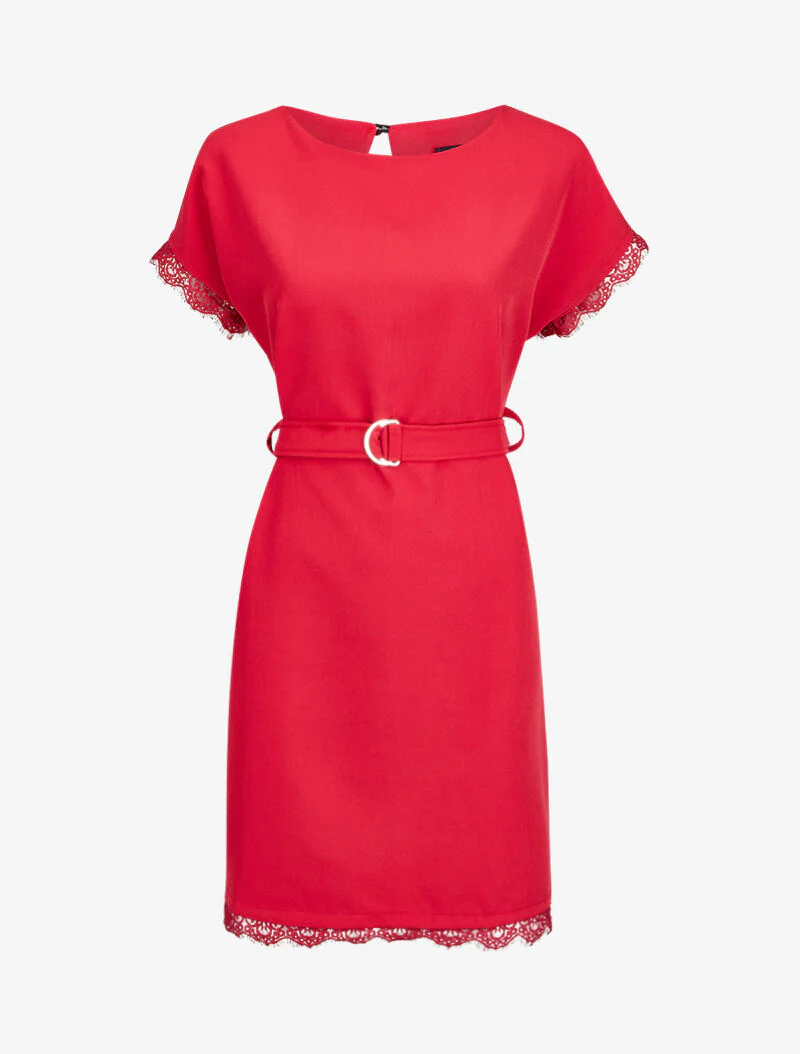 Rechte jurk met kanten details - Rood