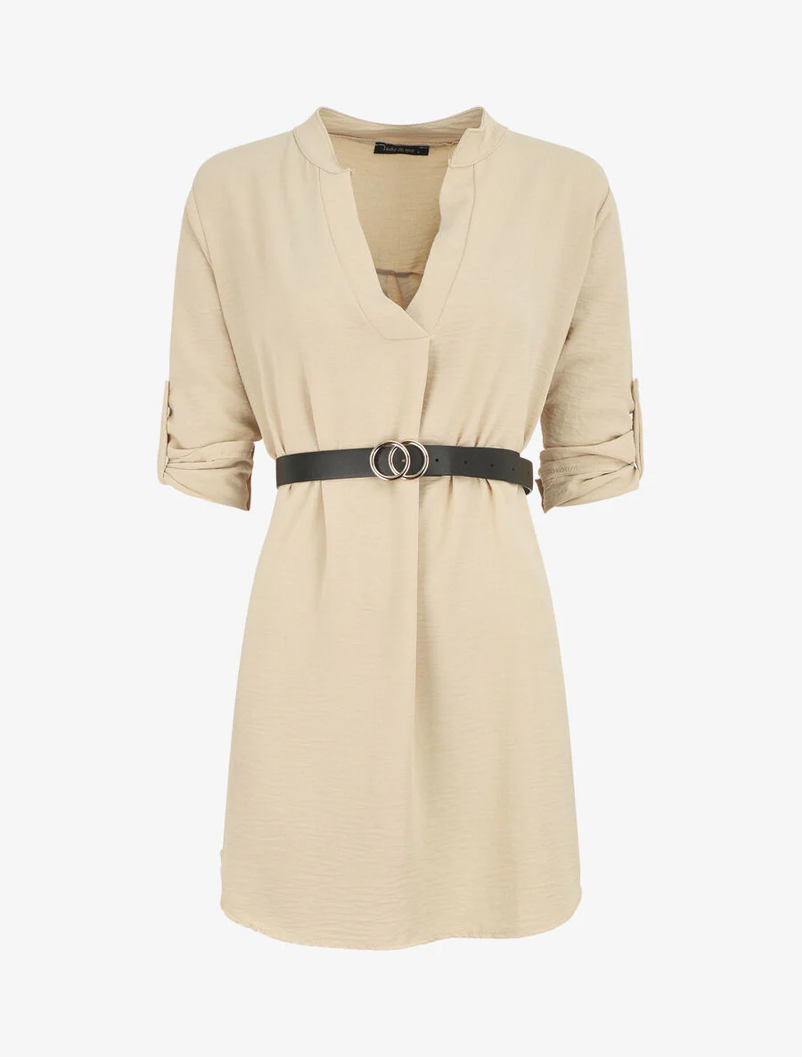 Rechte jurk met oprolmouwen - Beige