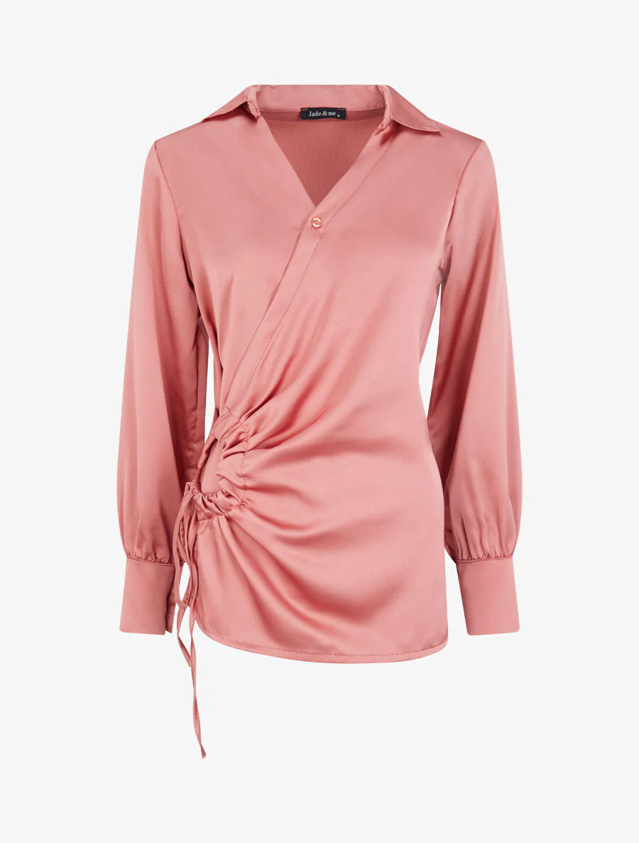 Rechte satijnen blouse met linten - Oudroze