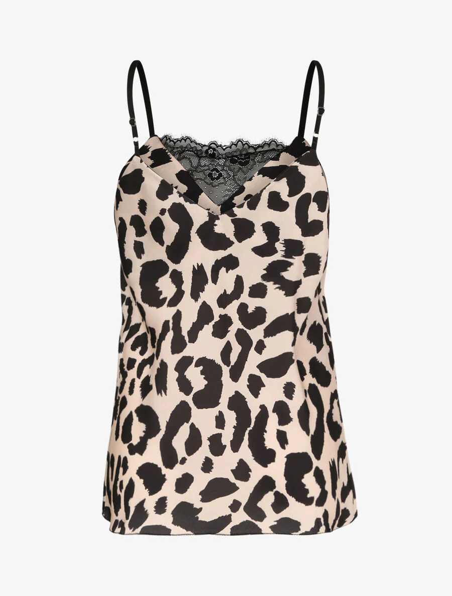 Rechte satijnen jas met leopardprint en gestileerde kant - Beige - Image 2