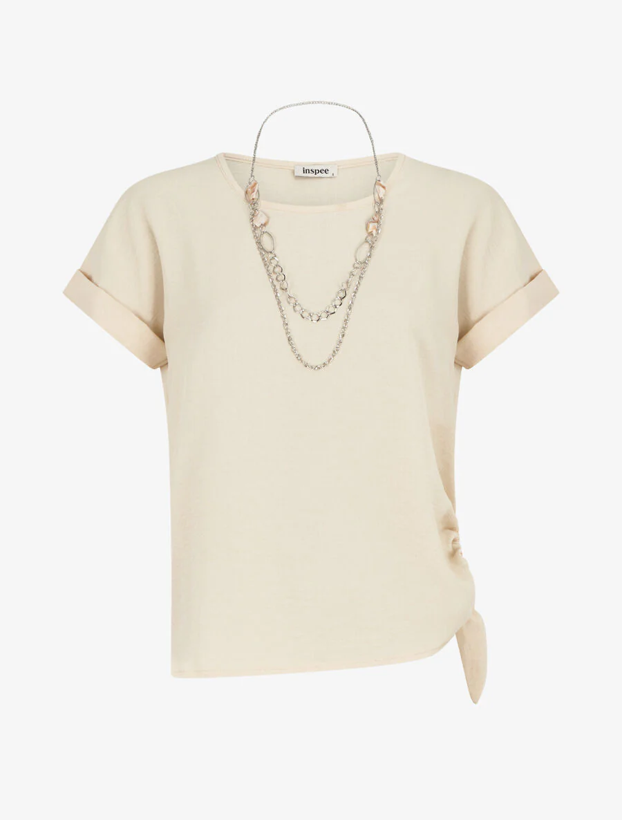 Rechte top. korte mouwen. strikrandje - beige