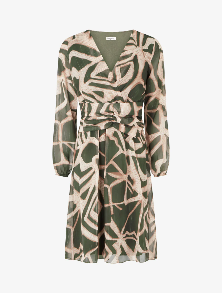 Retro jurk met iriserende strepenprint - Kaki