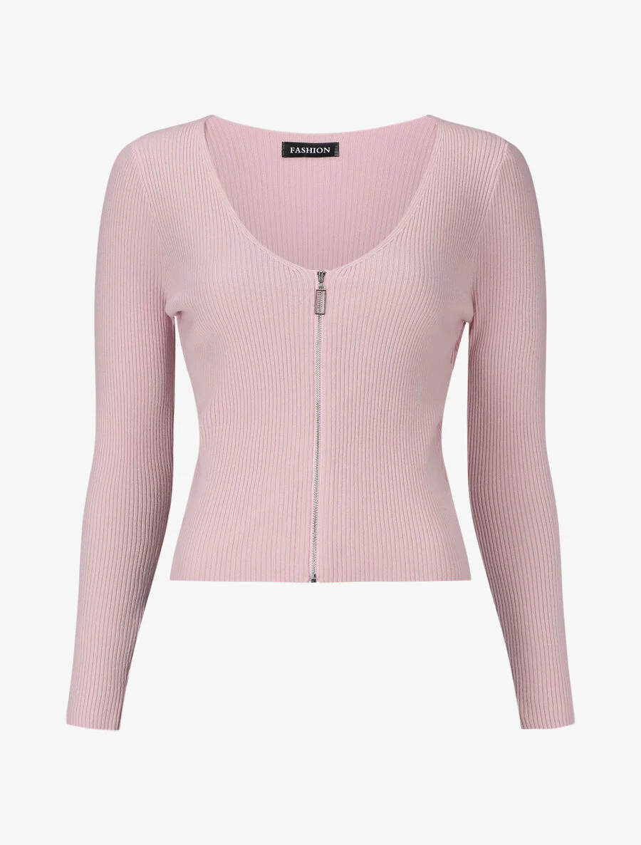 Geribbelde trui met rits - Roze - Image 2
