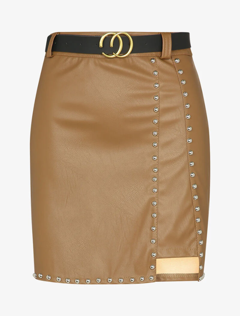 Rok in imitatieleer met asymmetrische randen en studs - Camel