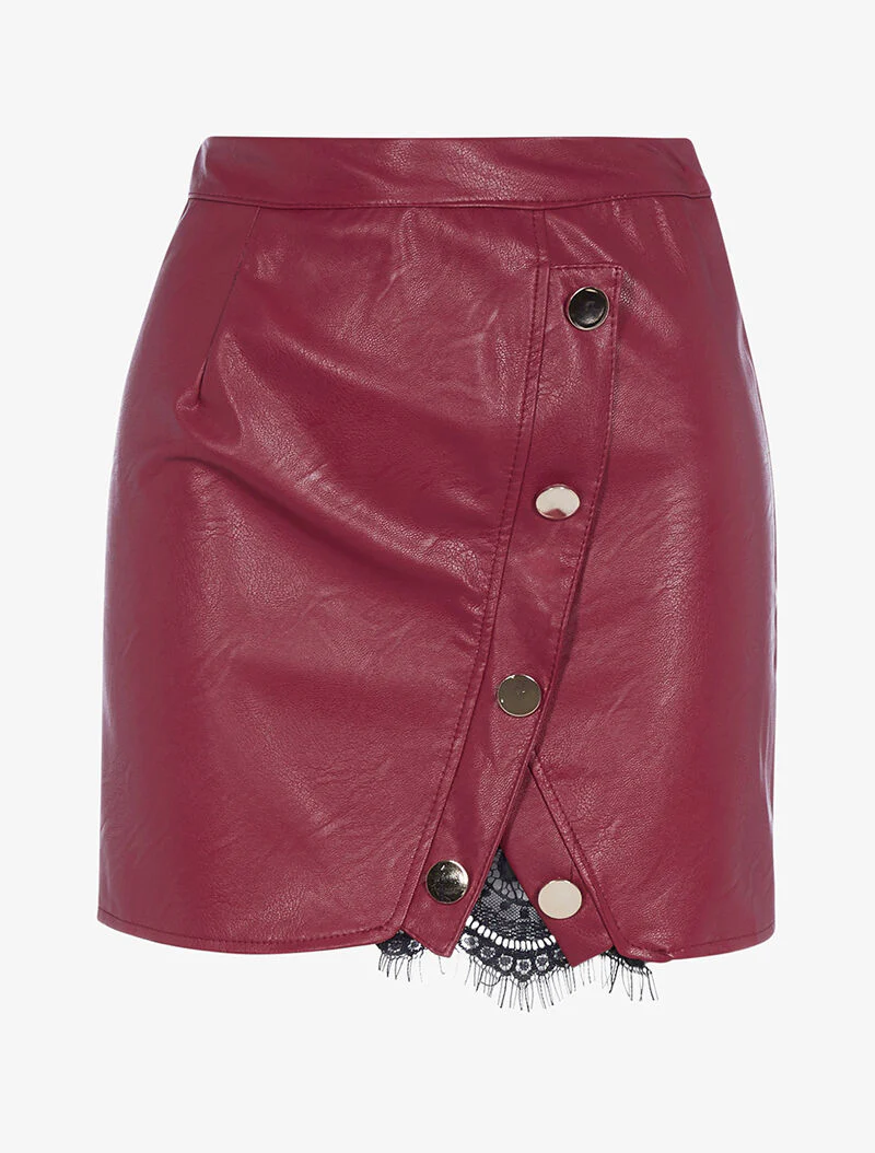 Rok in imitatieleer met knoopstijl en kanten details - bordeaux