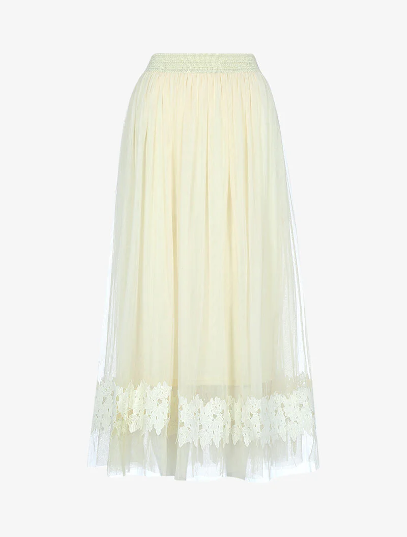 Rok in voile met geborduurd bladstuk - beige
