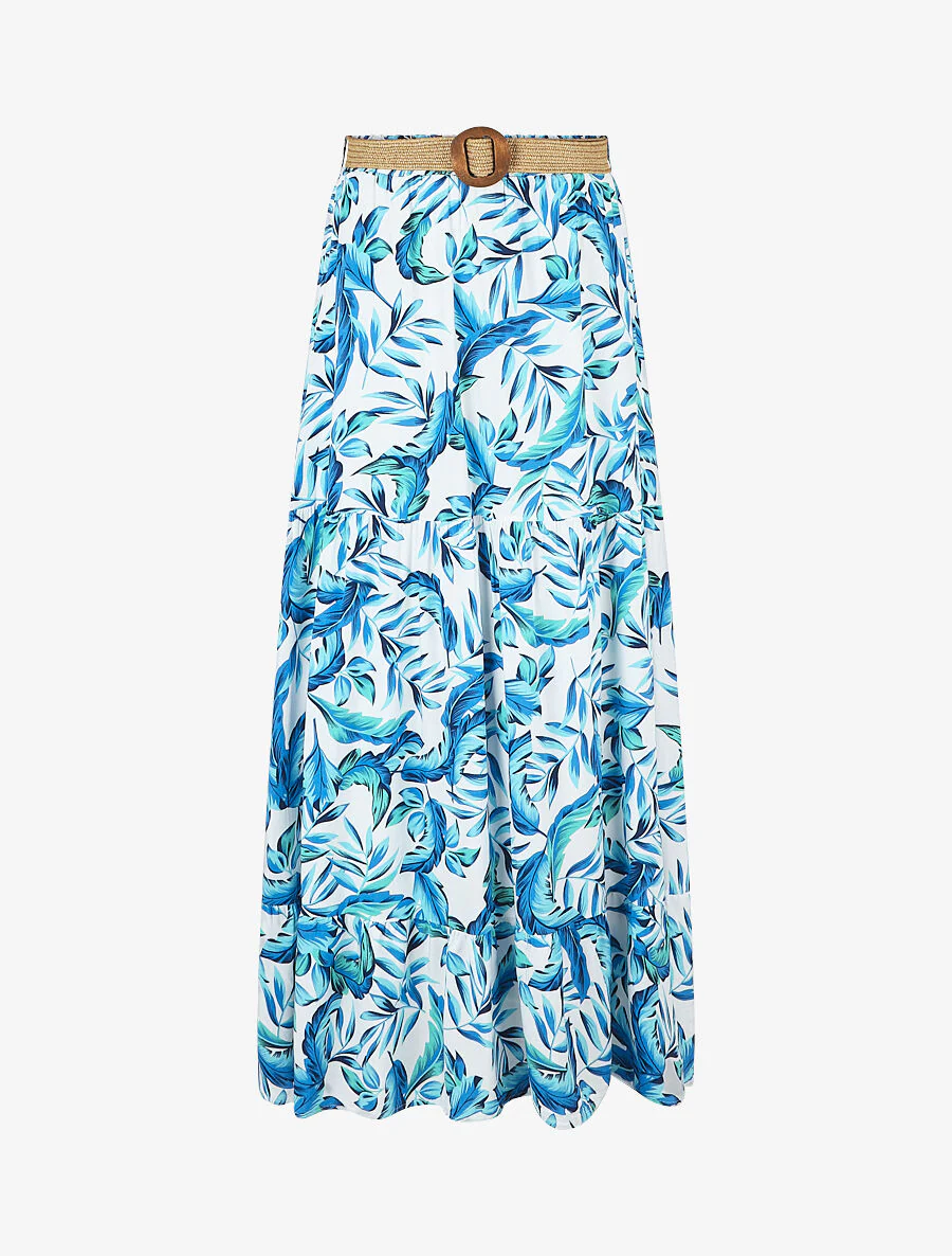 Rok met bladprint en elastische tailleband - blauw