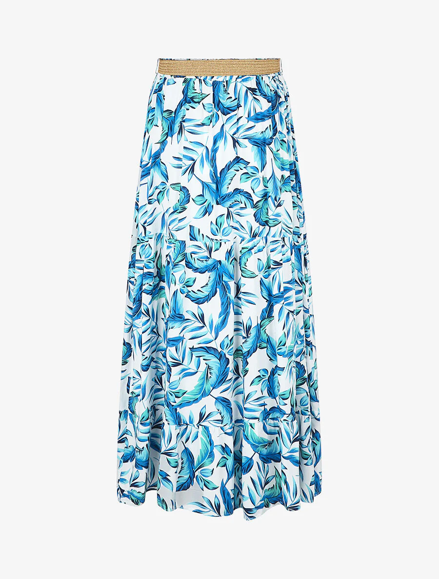 Rok met bladprint en elastische tailleband - blauw - Image 2
