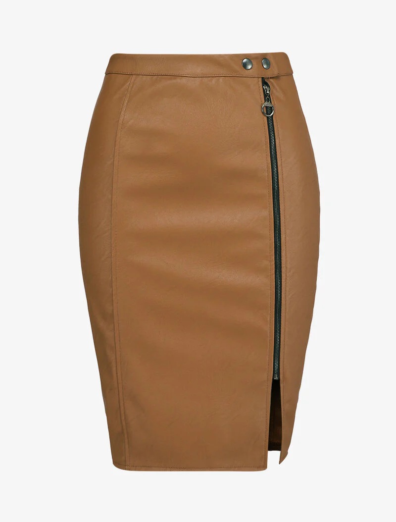 Split rok in imitatieleer met rits - Camel