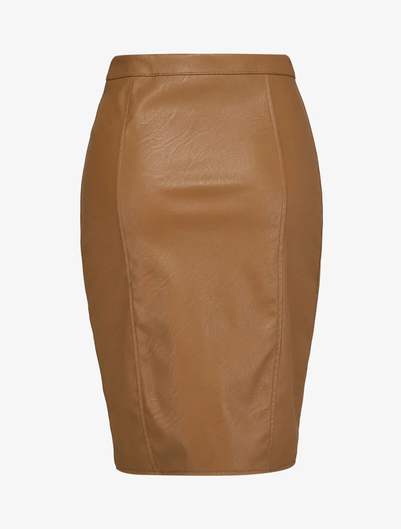 Split rok in imitatieleer met rits - Camel - Image 2