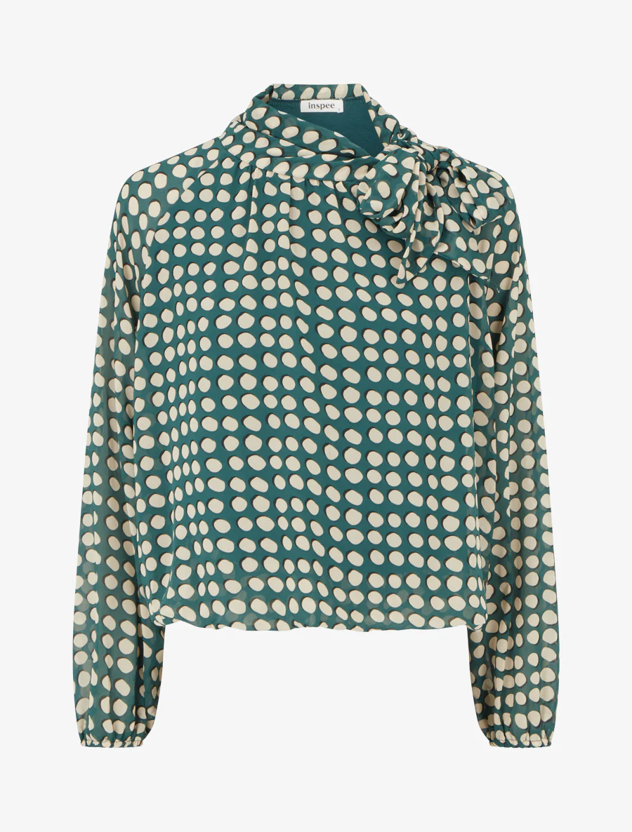 Ronde blouse met print om te strikken - Dennengroen