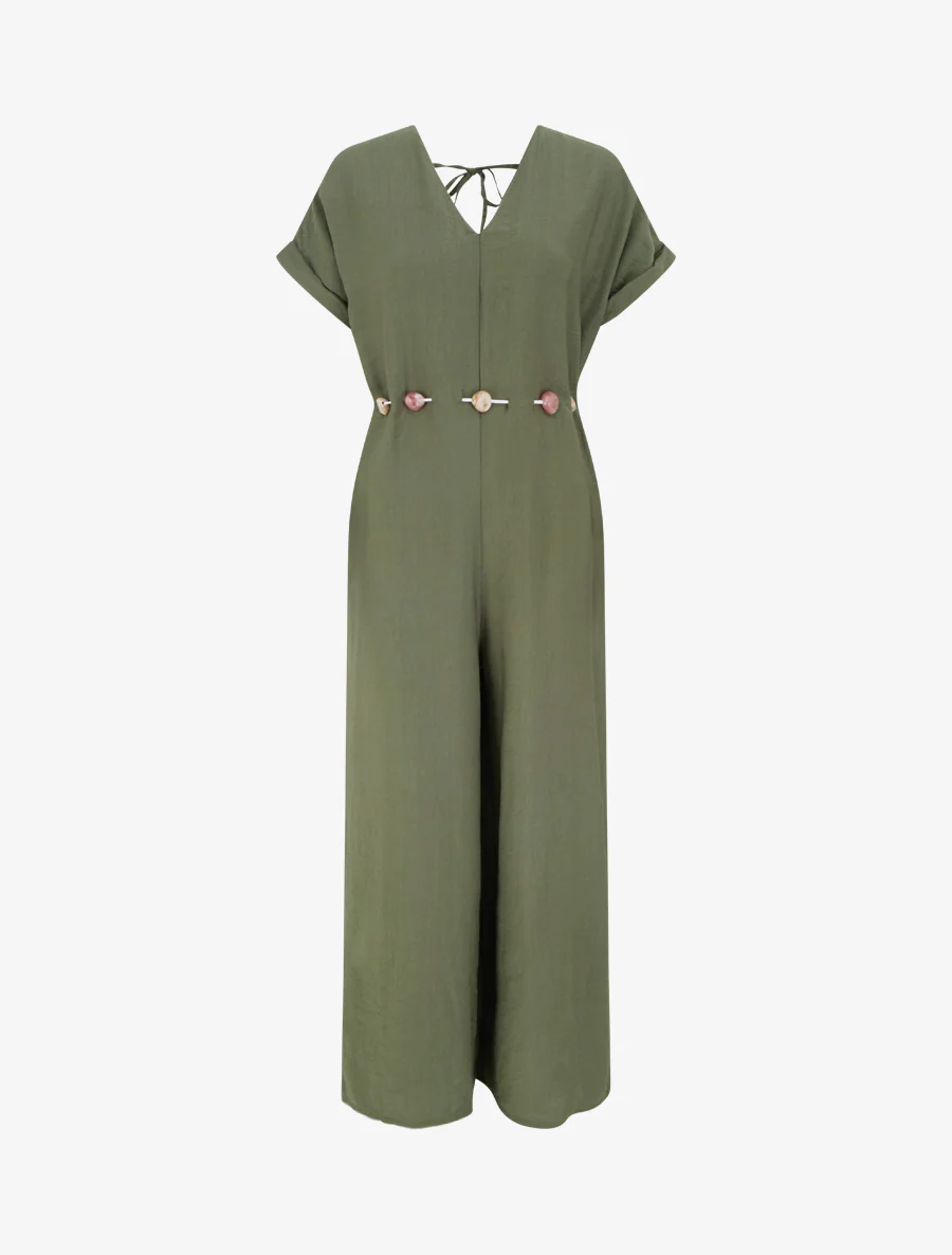 Ruime jumpsuit met korte mouwen en een met parels versierde riem - Kaki