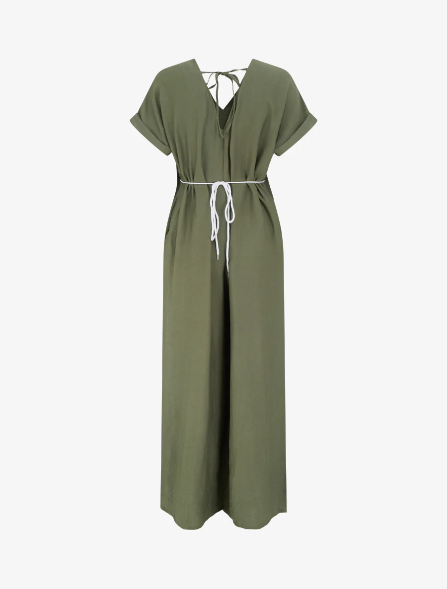 Ruime jumpsuit met korte mouwen en een met parels versierde riem - Kaki - Image 2