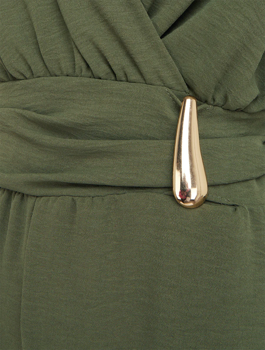 Ruime jumpsuit met wikkeloverslag en draperend effect - Kaki - Image 3